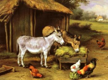 埃德加 亨特 Chickens And Donkeys Feeding Outside A Barn